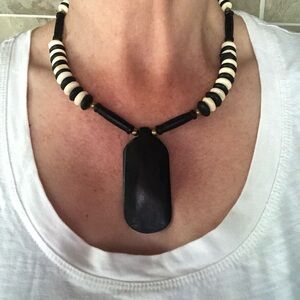 Black and White Bone With Brass Tone Bead Accents Necklace